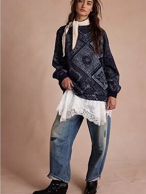 Free People Ragabond Midnight Mock Navy Bandana Print Pullover Sweatshirt Sz XL